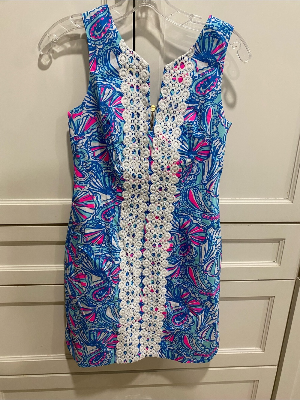 Lilly Pulitzer Blue & Pink Sleeveless Shift Dress with White Lace Trim